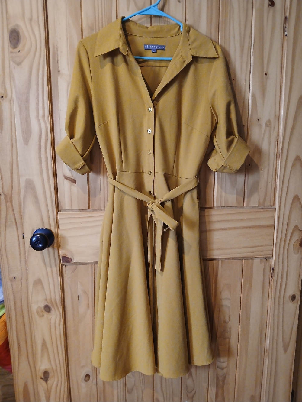 Sharagano Mustard Button-Front Midi Dress with Tie Waist Size 8